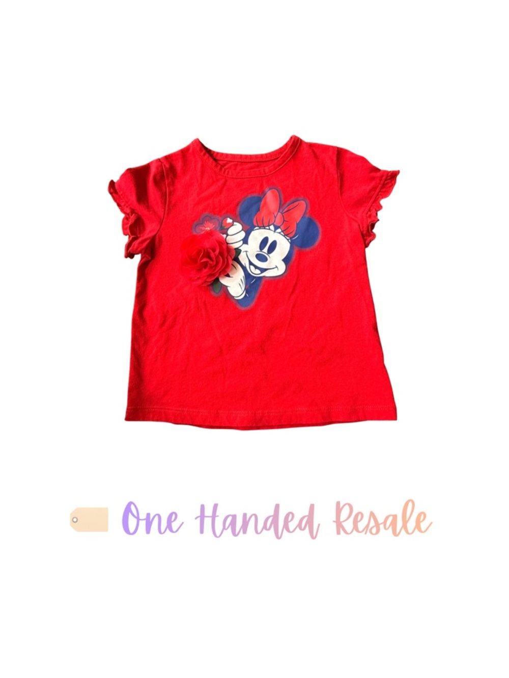 🌹 Disney Red Minnie Mouse Graphic Tee Ruffle Sleeve Fluttery Flower Accent 3T